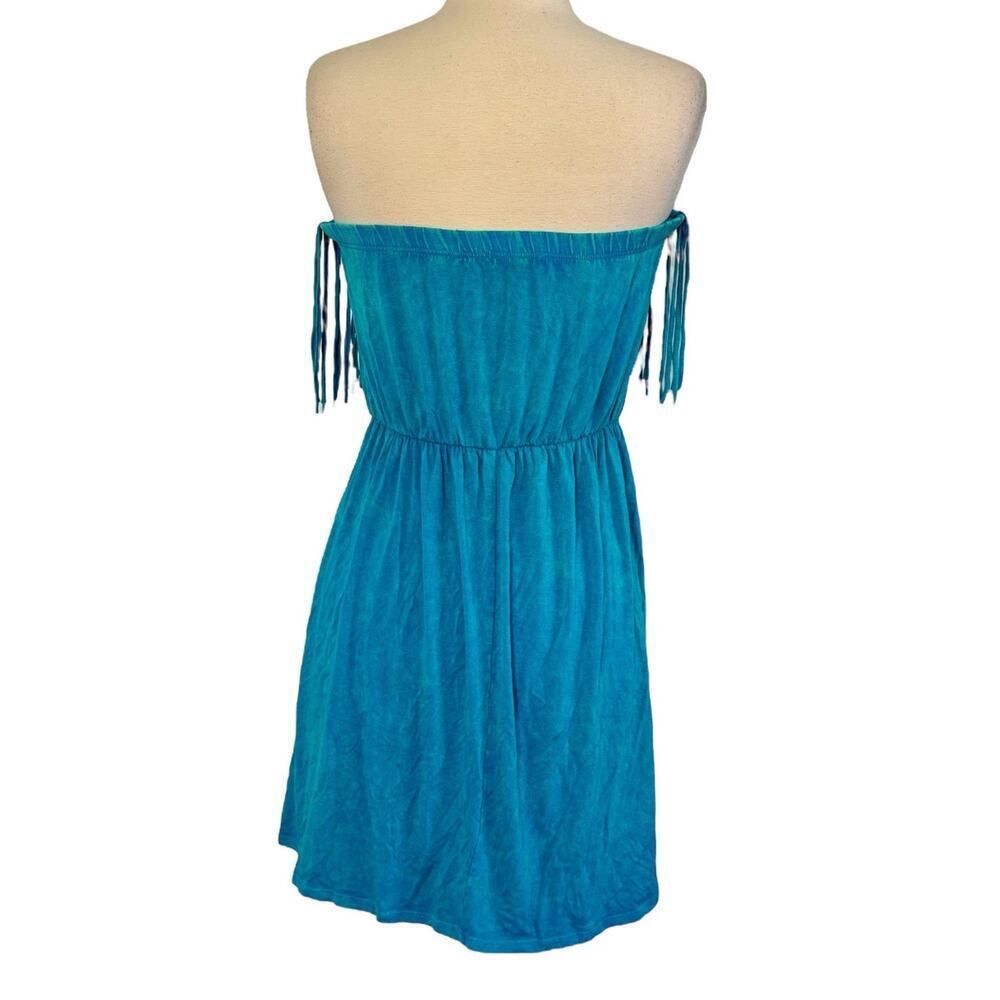 VTG T PARTY 90s Y2K Indie Turquoise Fringe Mini Strapless Dress Boho Festival L - Picture 8 of 11